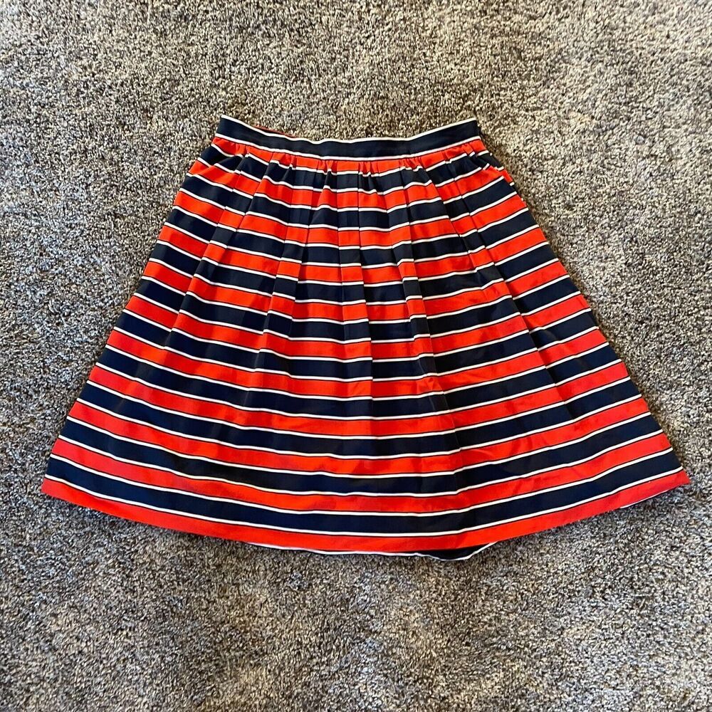 J. Crew‎ Silk Red White & Blue Striped Pleated Skirt Size 8 Preppy Modest Career